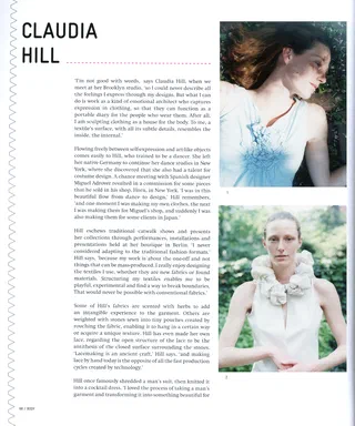 Textile Designers at the Cutting Edge, page 68: profile of Claudia Hill, with two photographs of a model in pale ruffled garments set against foliage