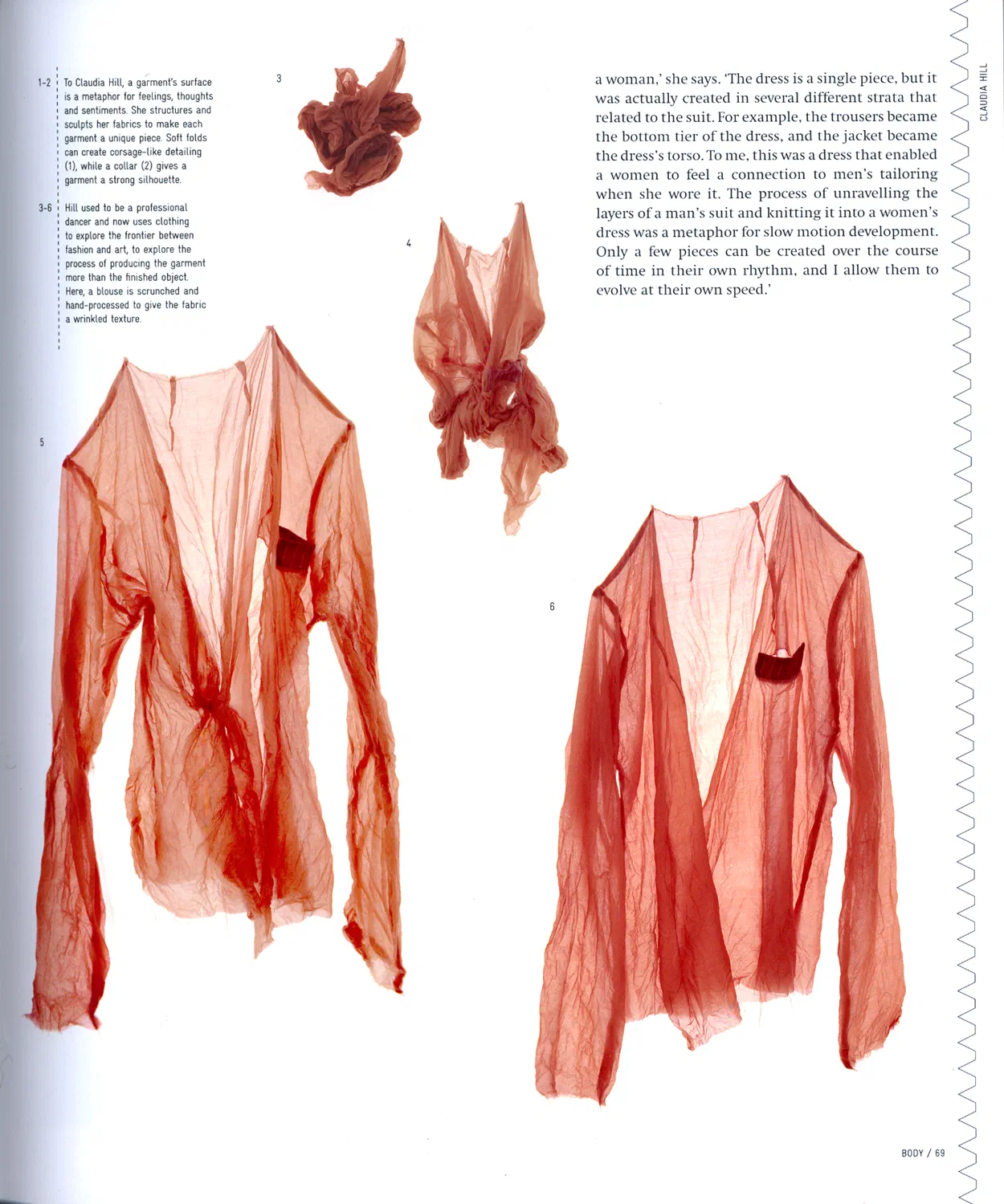Textile Designers at the Cutting Edge, page 69: continued profile, photos of rust-red sheer garments crumpled and hanging, showing hand-processed fabric
