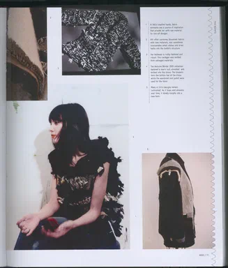 Textile Designers at the Cutting Edge, page 71: numbered captions beside a woman in a frayed black textured top, a tweed cardigan close-up, and a garment on a form