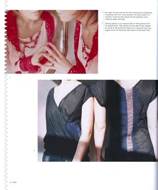 Textile Designers at the Cutting Edge, page 72: a red crocheted lace shrug reflected in a mirror, and a close-up of dark garments with a fan-pleated blue back panel