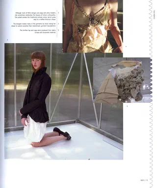 Textile Designers at the Cutting Edge, page 73: numbered captions with a ruffled slip dress bearing trinkets, a woman kneeling in a kimono-collared jacket, and a knitted cape