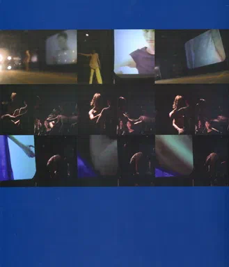 Asymptote: Flux, page 224: a blue page with a grid of small dark video-still photographs showing models and performers in dim stage lighting from the TimeSpace fashion show