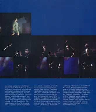 Asymptote: Flux, page 225: essay on the TimeSpace installation, above a photo of a model in green on the runway and grids of dim stills of models behind mirrored vitrines