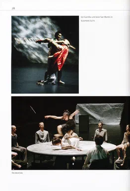 William Forsythe, page 78: Ion Garnika and Jone San Martin entwined in red fabric in Sleepers Guts; performers around a table watch a dancer leap over two collapsed figures in Decreation