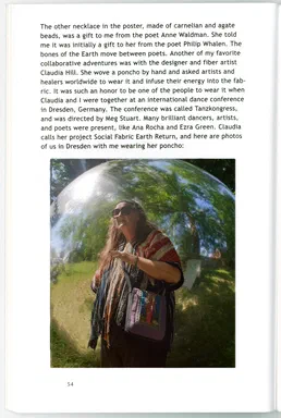 Hidden in the Cave We Forge of One Another, page 54: a person in Claudia Hill's hand-woven striped poncho before a mirrored sphere reflecting trees, at the Tanzkongress conference in Dresden