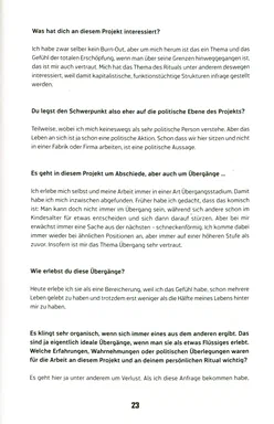 Unacknowledged Loss, page 23: German-language interview text on ritual, transitions and their political meaning, no photograph