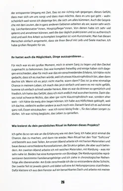 Unacknowledged Loss, page 26: German-language interview text describing lying in a coffin and devising the two-part ritual Softcore, no photograph