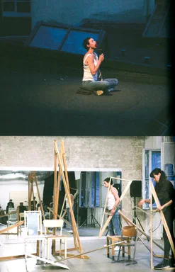 Unacknowledged Loss, page 114: two stacked performance photographs; top, a woman kneeling on a dark stage applying red lipstick; bottom, dancers assembling tall wooden pole frames amid scattered chairs in a brick studio