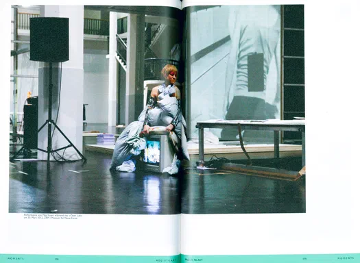 Moments, pages 178-179: photograph captioned as a Meg Stuart Open Lab performance at ZKM, 2012, two performers in pale quilted costumes with a kneeling monitor and a silhouette projection