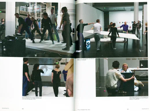 Moments, pages 280-281: four ZKM Open Lab photos: artists before a Marina Abramovic projection, moving a Reinhild Hoffmann sculpture, and Meg Stuart performing with costume designer Claudia Hill