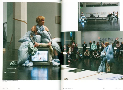 Moments, pages 282-283: photographs of Meg Stuart performing Forti Playing Face Tunes in a quilted costume with mirrored arm braces, perched on a video monitor, then gesturing to an audience