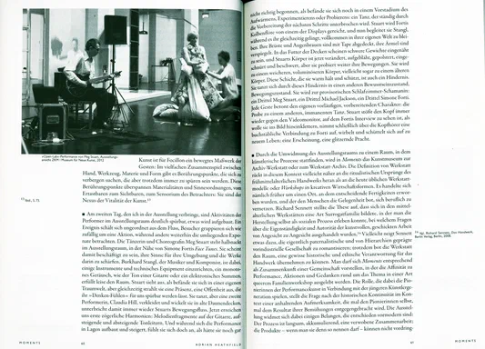 Moments, pages 60-61: black-and-white photo captioned as a Meg Stuart Open Lab performance at ZKM, a guitarist seated beside a performer in a padded costume, above German critical text