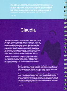 Thoughts Play Hide & Seek, page 22: illustrated text page headed 'Claudia', white text on a purple background describing Claudia Hill's studio, with a faint silhouette figure