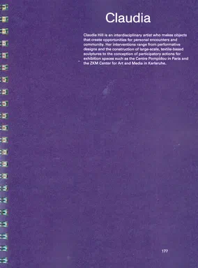 Thoughts Play Hide & Seek, page 177: a text page on a solid purple background introducing Claudia Hill as an interdisciplinary artist