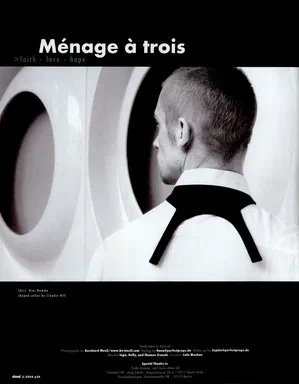 ahead, Winter 2004/05, page 20: opening spread of the fashion story Ménage à trois, a black-and-white photograph of a man in a white shirt with a black shaped collar by Claudia Hill, seen from behind