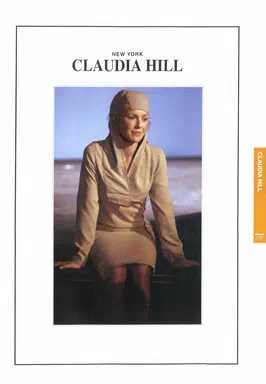 Collections, 2001/2002 Autumn & Winter, New York & Milan, page 175: opening page for Claudia Hill, a full-page photograph of a model in a beige hooded knit dress seated on a beach railing