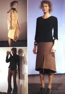 Collections, 2001/2002 Autumn & Winter, New York & Milan, page 176: three runway photographs, a mustard dress with a black collar, a black top with brown trousers, and a brown skirt over fishnets