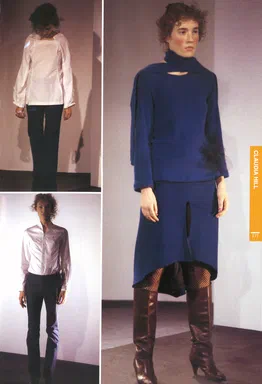 Collections, 2001/2002 Autumn & Winter, New York & Milan, page 177: three runway photographs, a white blouse and navy trousers, a white shirt, and a cobalt turtleneck sweater with an asymmetric skirt