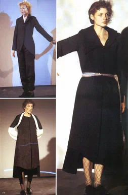 Collections, 2001/2002 Autumn & Winter, New York & Milan, page 178: three runway photographs, a navy asymmetric jacket, a charcoal coat with white sleeves, and a black wrap coat with a striped belt