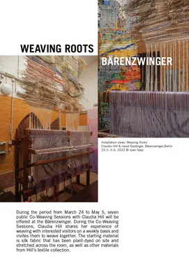 DAMN, Winter 2022, page 2: continuation of the Weaving Roots feature, two color photographs of woven, patchwork-hung installations and looms at the Bärenzwinger, Berlin, above further text