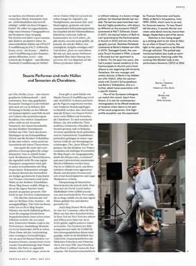 frieze, April/May 2013, page 25: continuation of the review, mostly English text, with a color photograph at bottom of a performer in a pale quilted patchwork robe and raised mechanical-looking arm