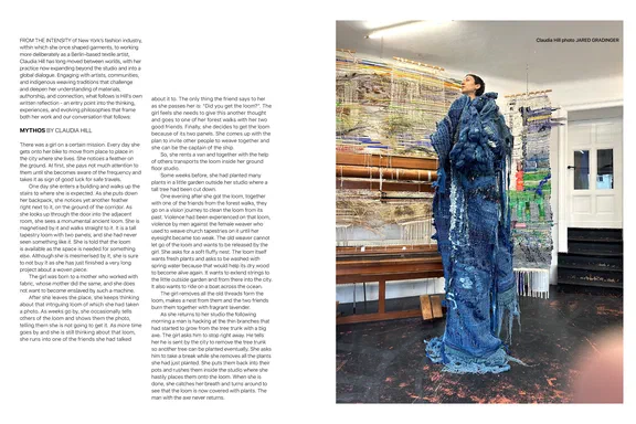 It's Interval, No. 6 Legacy, June 2026, page 126: Claudia Hill's essay Mythos beside a full-page photograph of her wearing a towering indigo woven garment in her studio