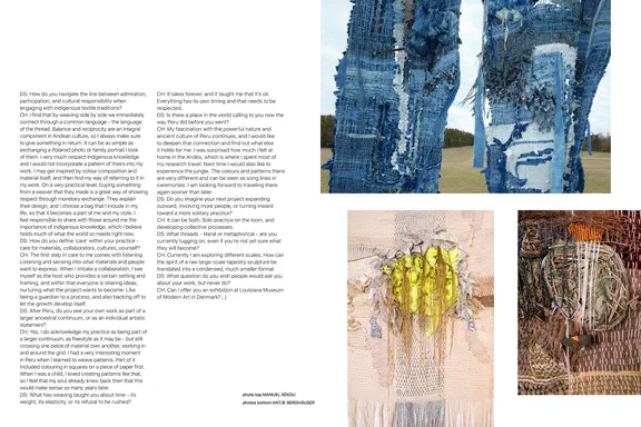 It's Interval, No. 6 Legacy, June 2026, page 130: interview text beside an outdoor photo of tall indigo woven pieces in a field, and two close-up textures in yellow and orange