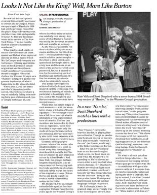 The New York Times, 3 November 2007, page E12: continuation of the Hamlet review, with a black-and-white photograph of Kate Valk and Scott Shepherd in the Wooster Group's production
