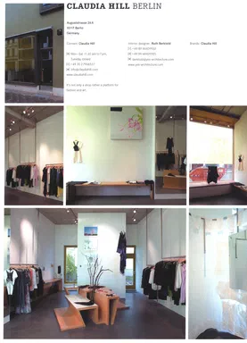 WeAr, Summer 2005, page B: shop listing for Claudia Hill Berlin with contact details, a photograph of the storefront and seven photographs of racks, wall displays and a window installation